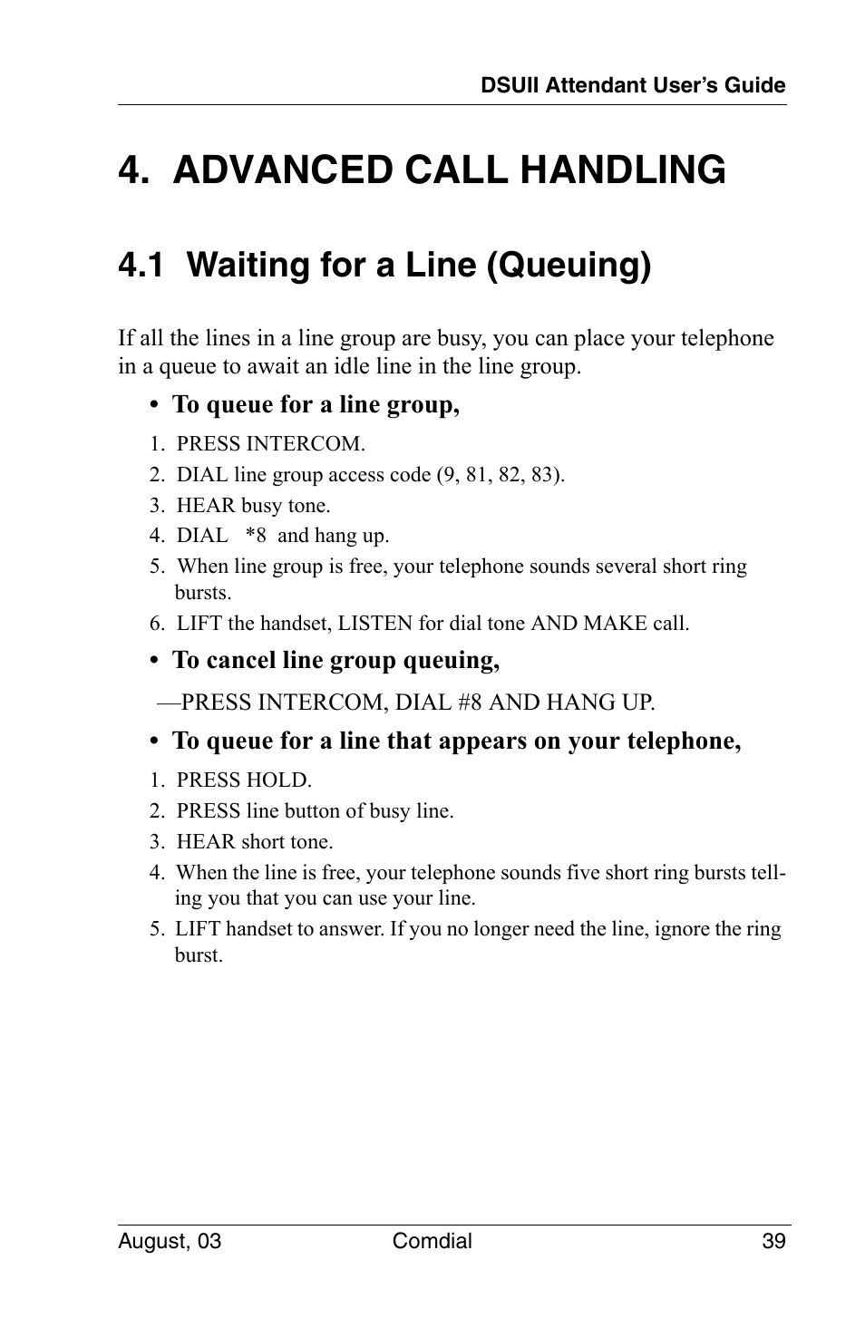 Advanced call handling, 1 waiting for a line (queuing) | Vertical Communications SCS 8324F User Manual | Page 49 / 146