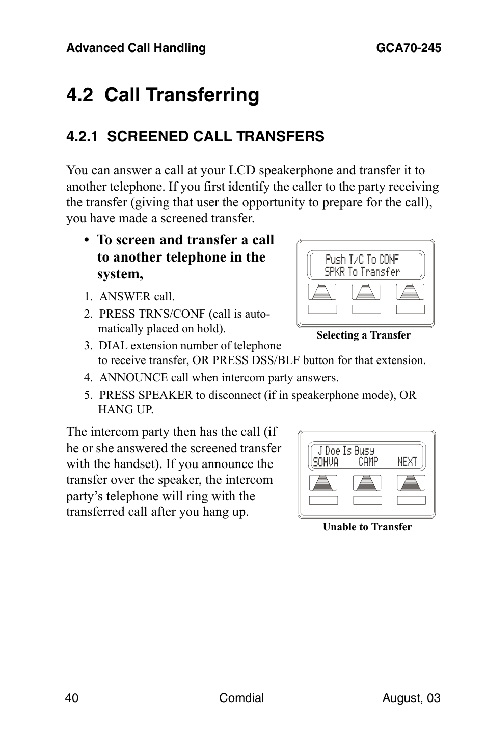 2 call transferring, 1 screened call transfers | Vertical Communications SCS 8324F User Manual | Page 50 / 146