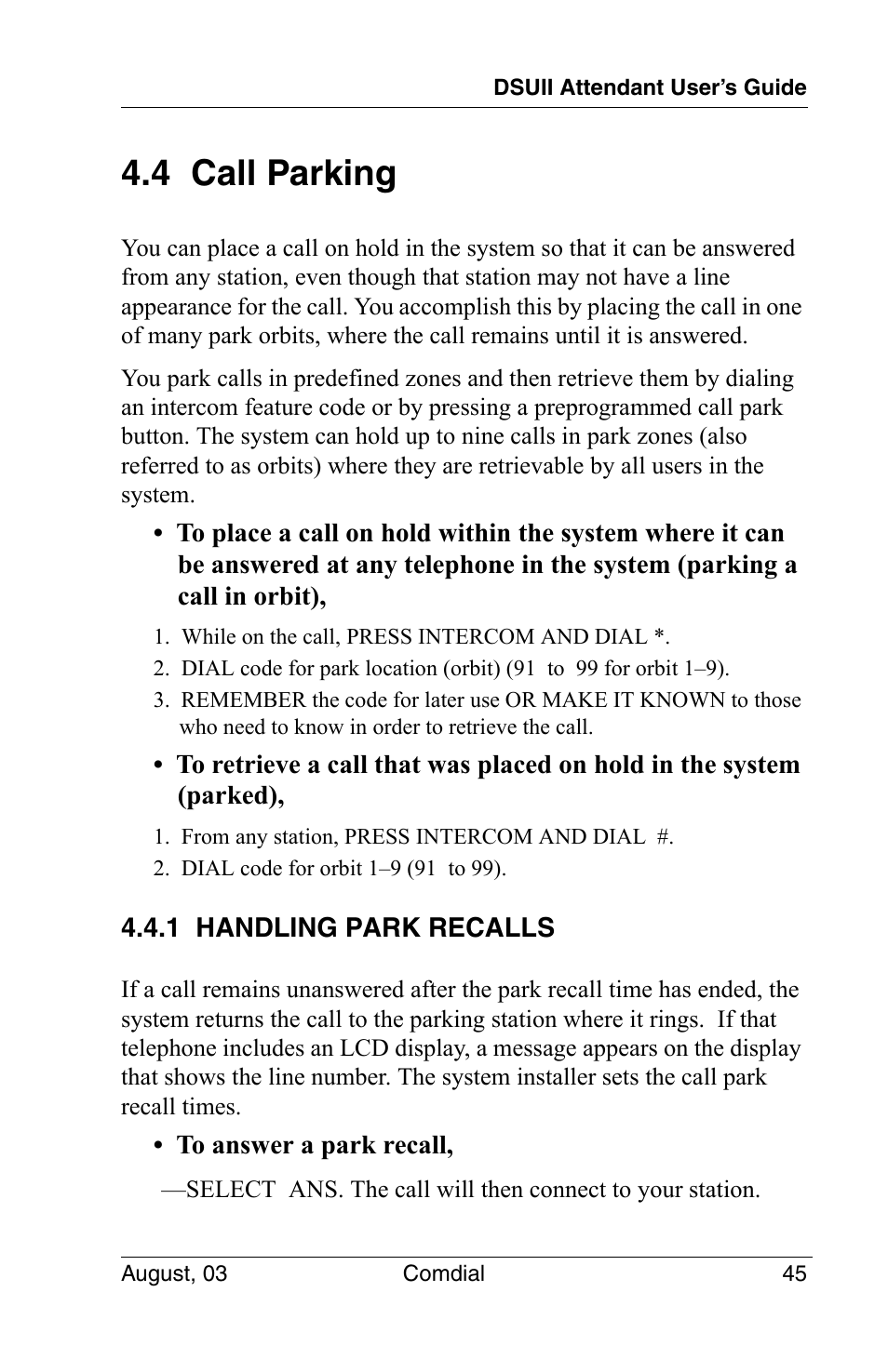 4 call parking, 1 handling park recalls | Vertical Communications SCS 8324F User Manual | Page 55 / 146