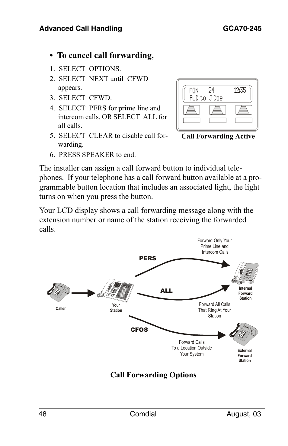 Call forwarding options, Call forwarding active | Vertical Communications SCS 8324F User Manual | Page 58 / 146