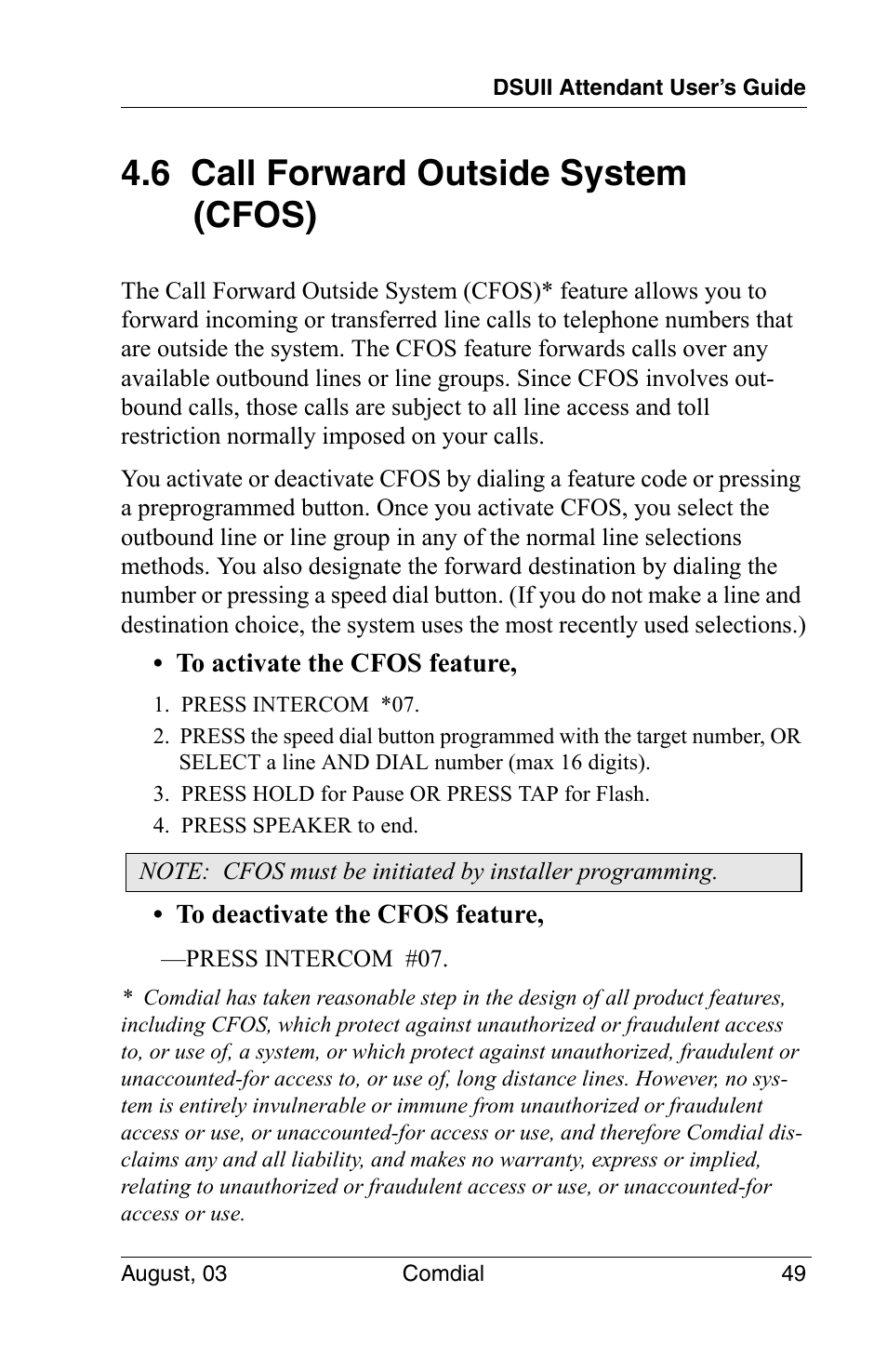 6 call forward outside system (cfos) | Vertical Communications SCS 8324F User Manual | Page 59 / 146