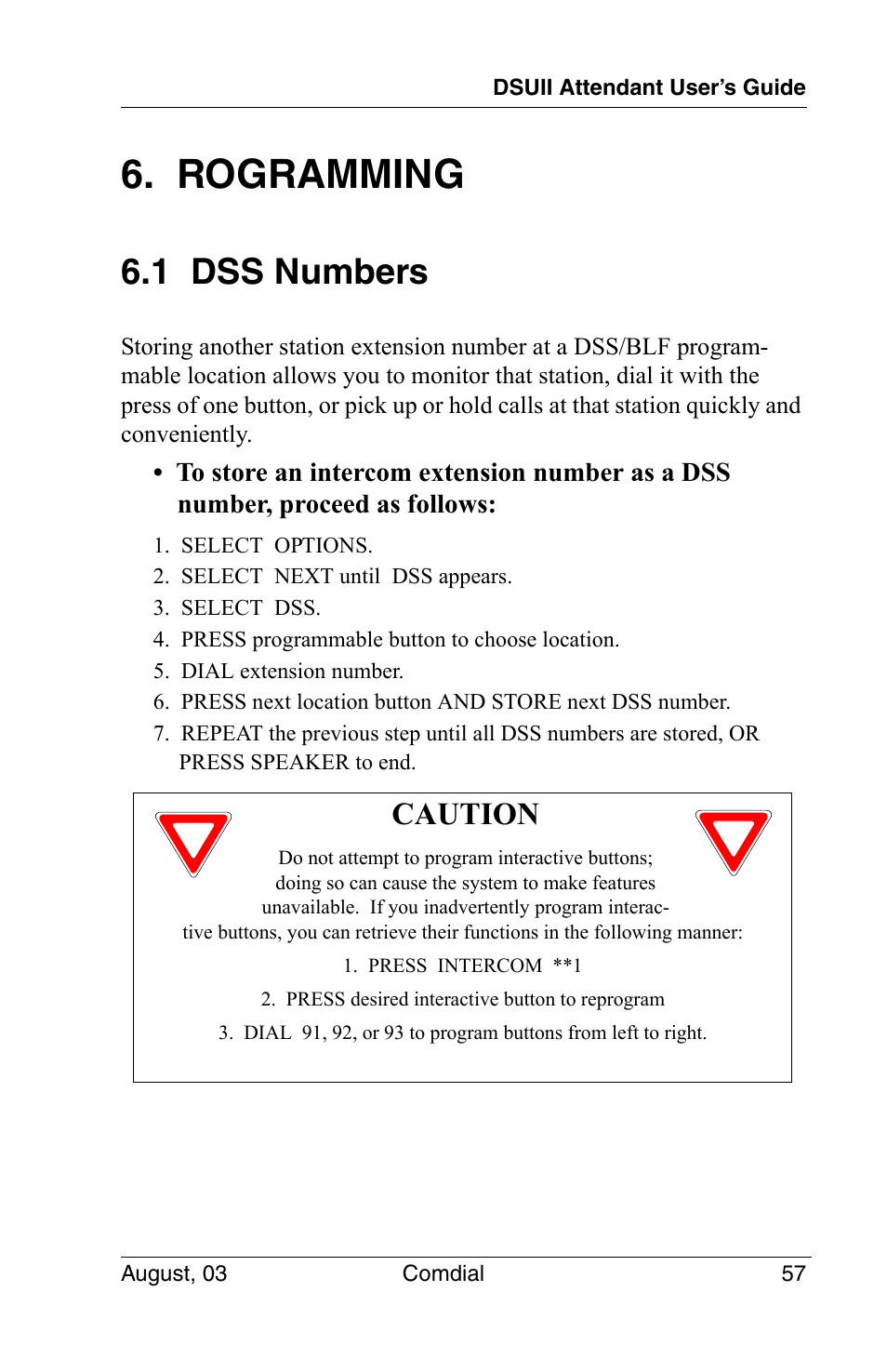 Rogramming, 1 dss numbers, Caution | Vertical Communications SCS 8324F User Manual | Page 67 / 146
