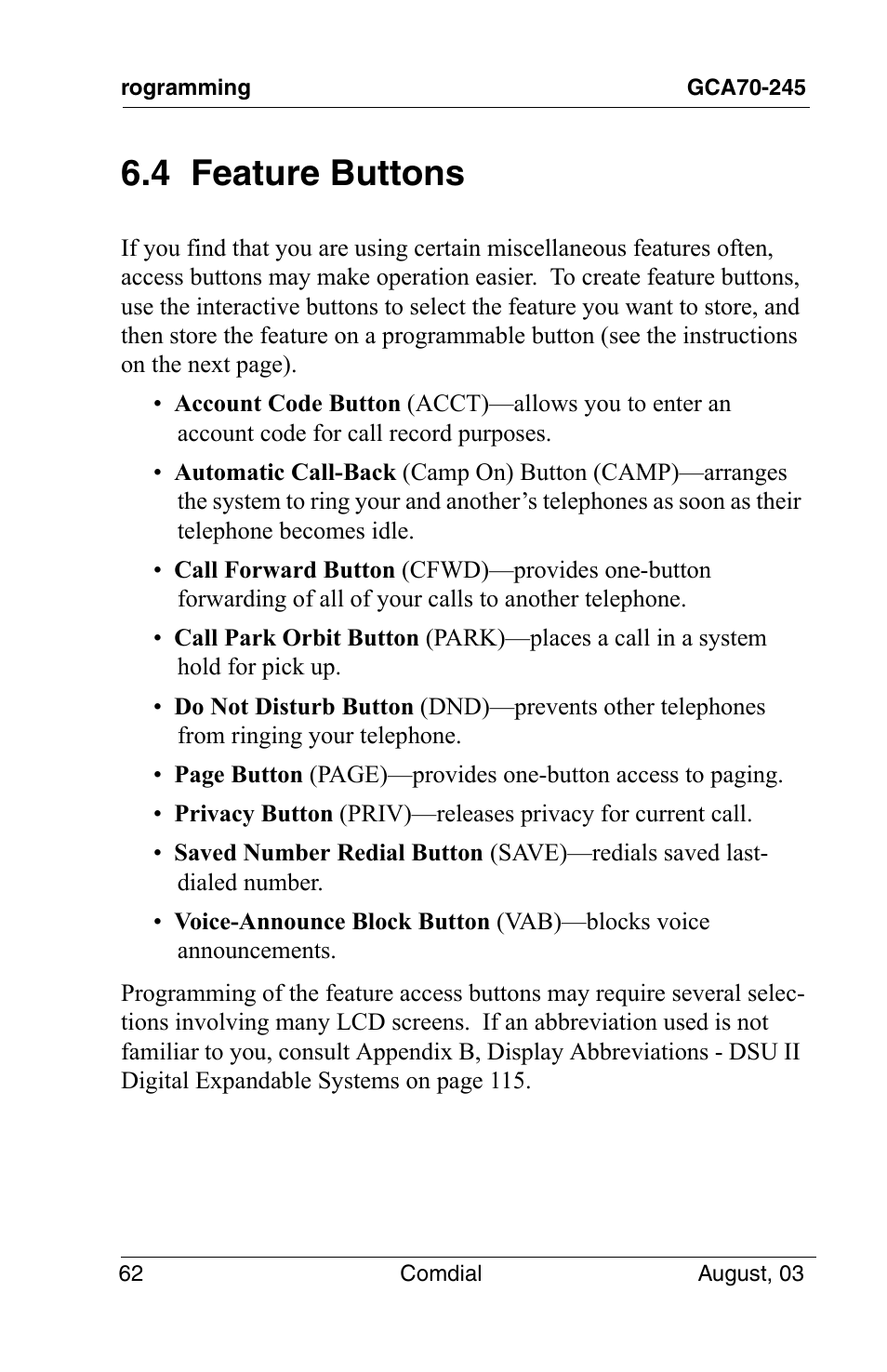 4 feature buttons | Vertical Communications SCS 8324F User Manual | Page 72 / 146
