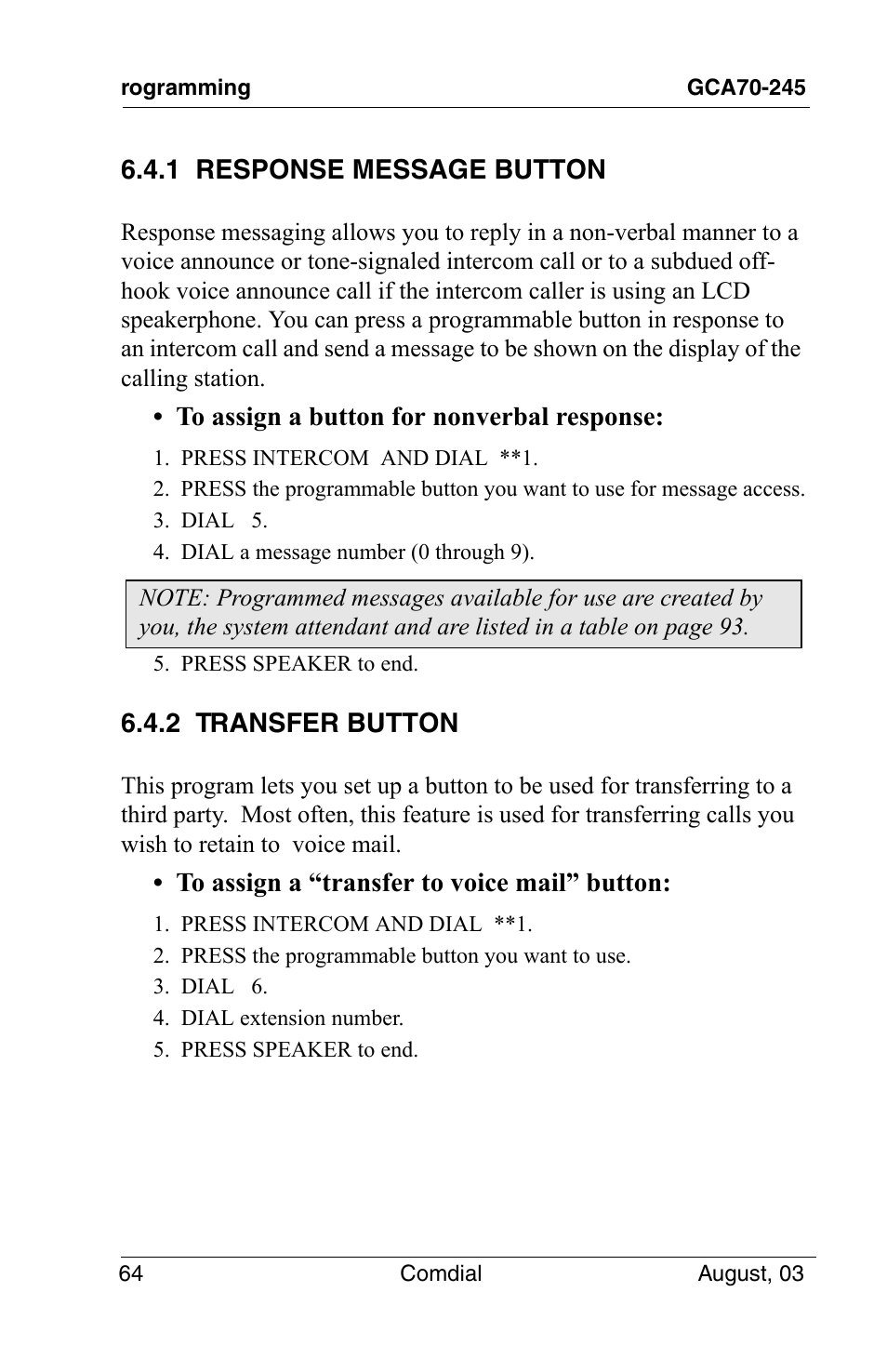 1 response message button, 2 transfer button, 1 response message button 6.4.2 transfer button | Vertical Communications SCS 8324F User Manual | Page 74 / 146
