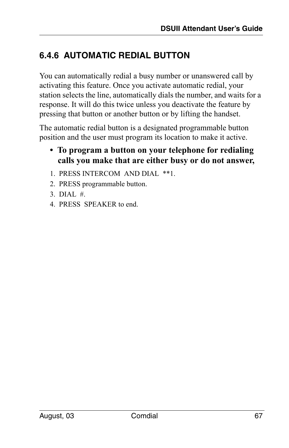 6 automatic redial button | Vertical Communications SCS 8324F User Manual | Page 77 / 146