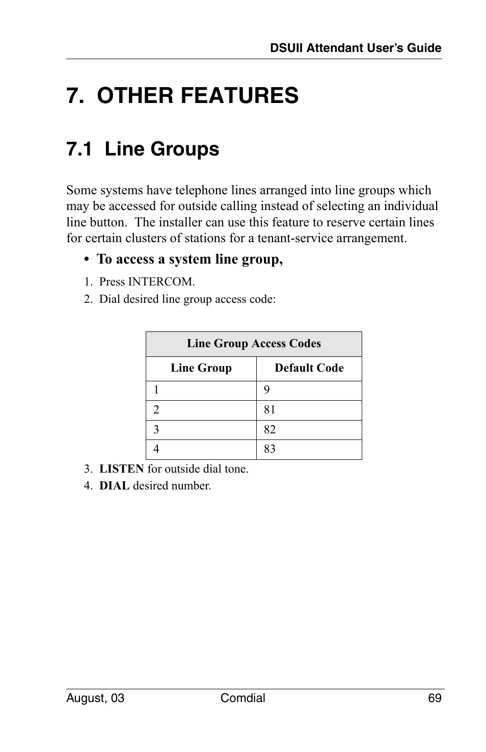 Other features, 1 line groups | Vertical Communications SCS 8324F User Manual | Page 79 / 146
