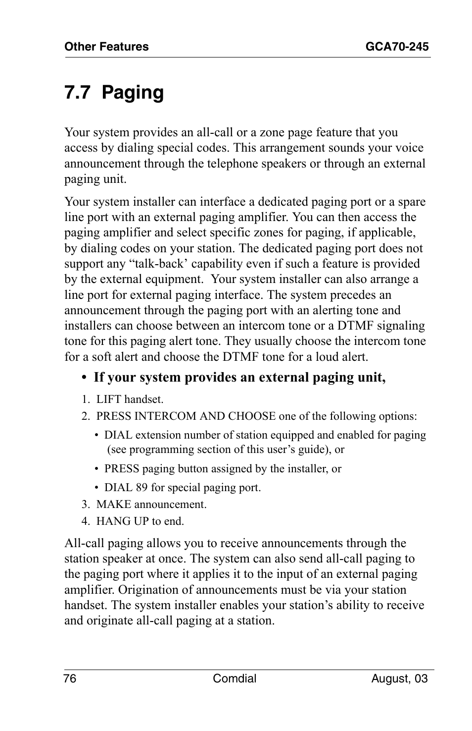 7 paging | Vertical Communications SCS 8324F User Manual | Page 86 / 146