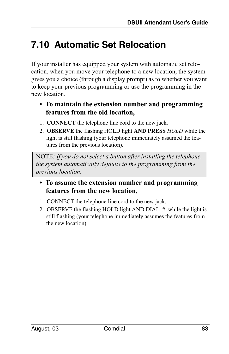 10 automatic set relocation | Vertical Communications SCS 8324F User Manual | Page 93 / 146