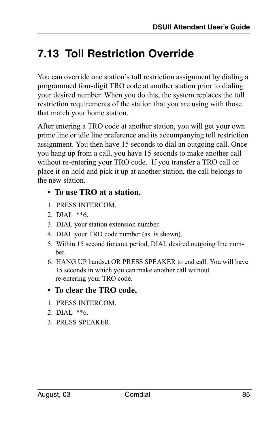 13 toll restriction override | Vertical Communications SCS 8324F User Manual | Page 95 / 146