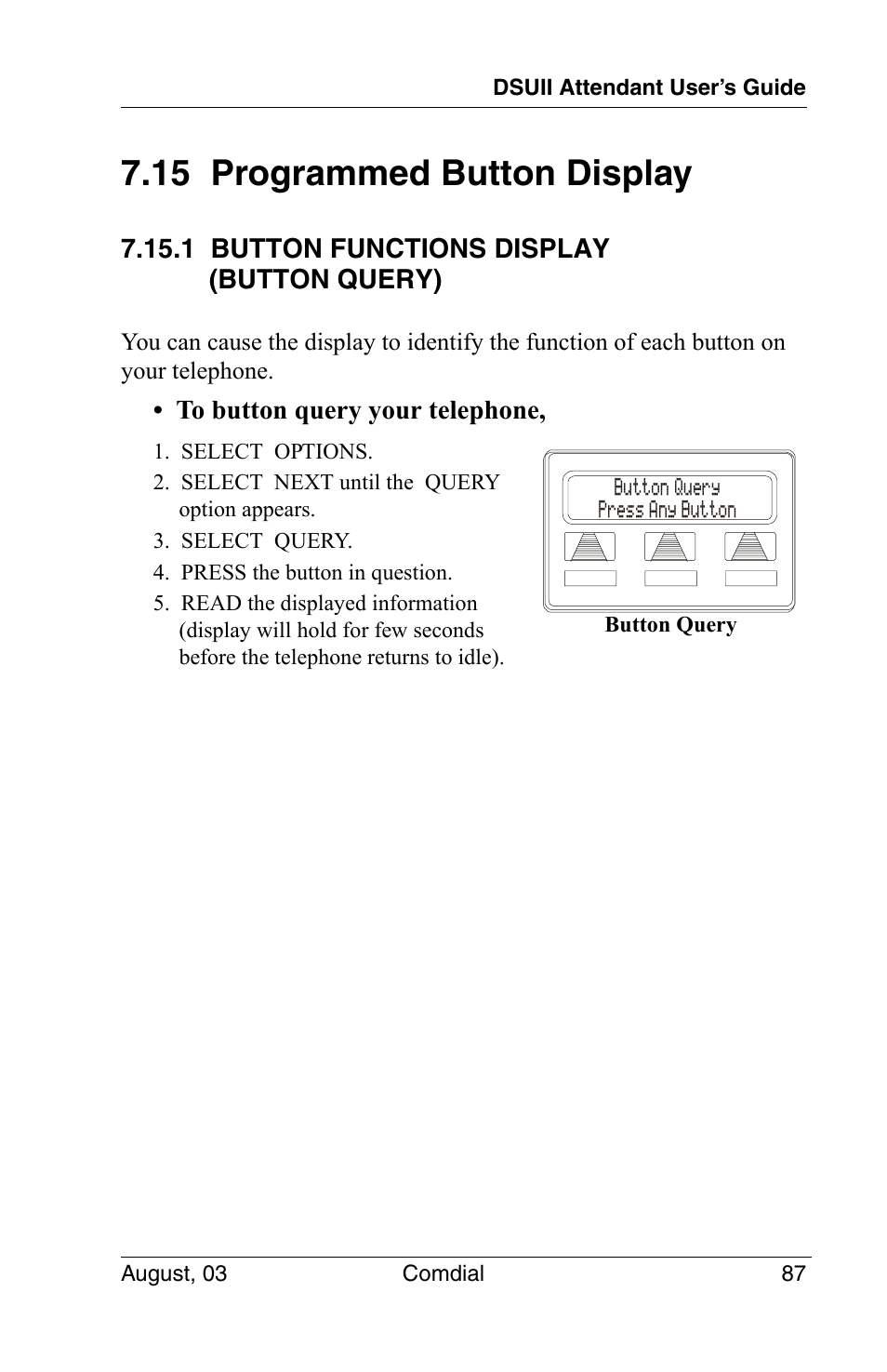 15 programmed button display, 1 button functions display (button query) | Vertical Communications SCS 8324F User Manual | Page 97 / 146
