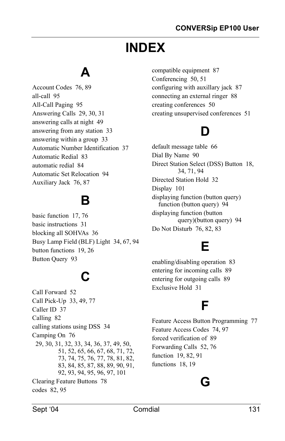Index, Index a | Vertical Communications EP100 User Manual | Page 129 / 132