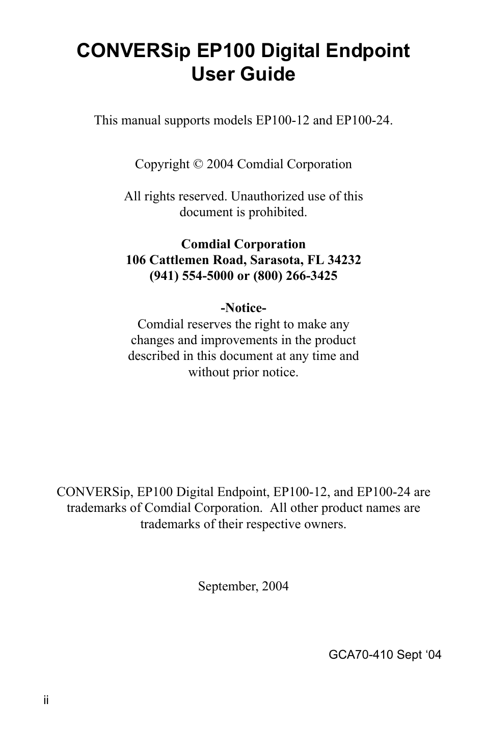 Conversip ep100 digital endpoint user guide | Vertical Communications EP100 User Manual | Page 2 / 132