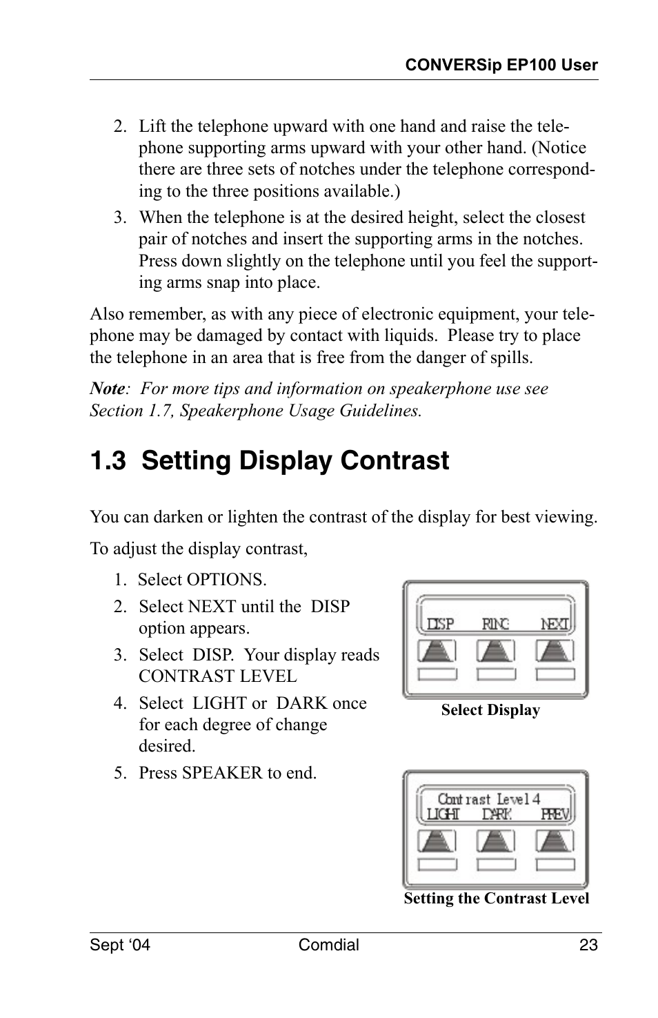 3 setting display contrast | Vertical Communications EP100 User Manual | Page 21 / 132