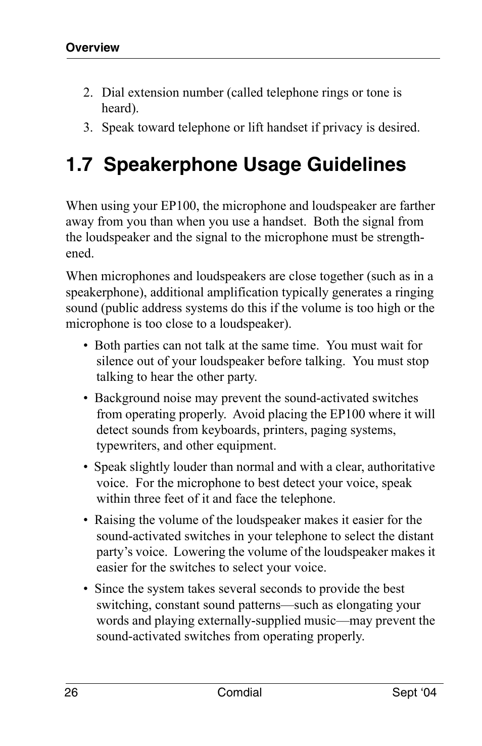 7 speakerphone usage guidelines | Vertical Communications EP100 User Manual | Page 24 / 132