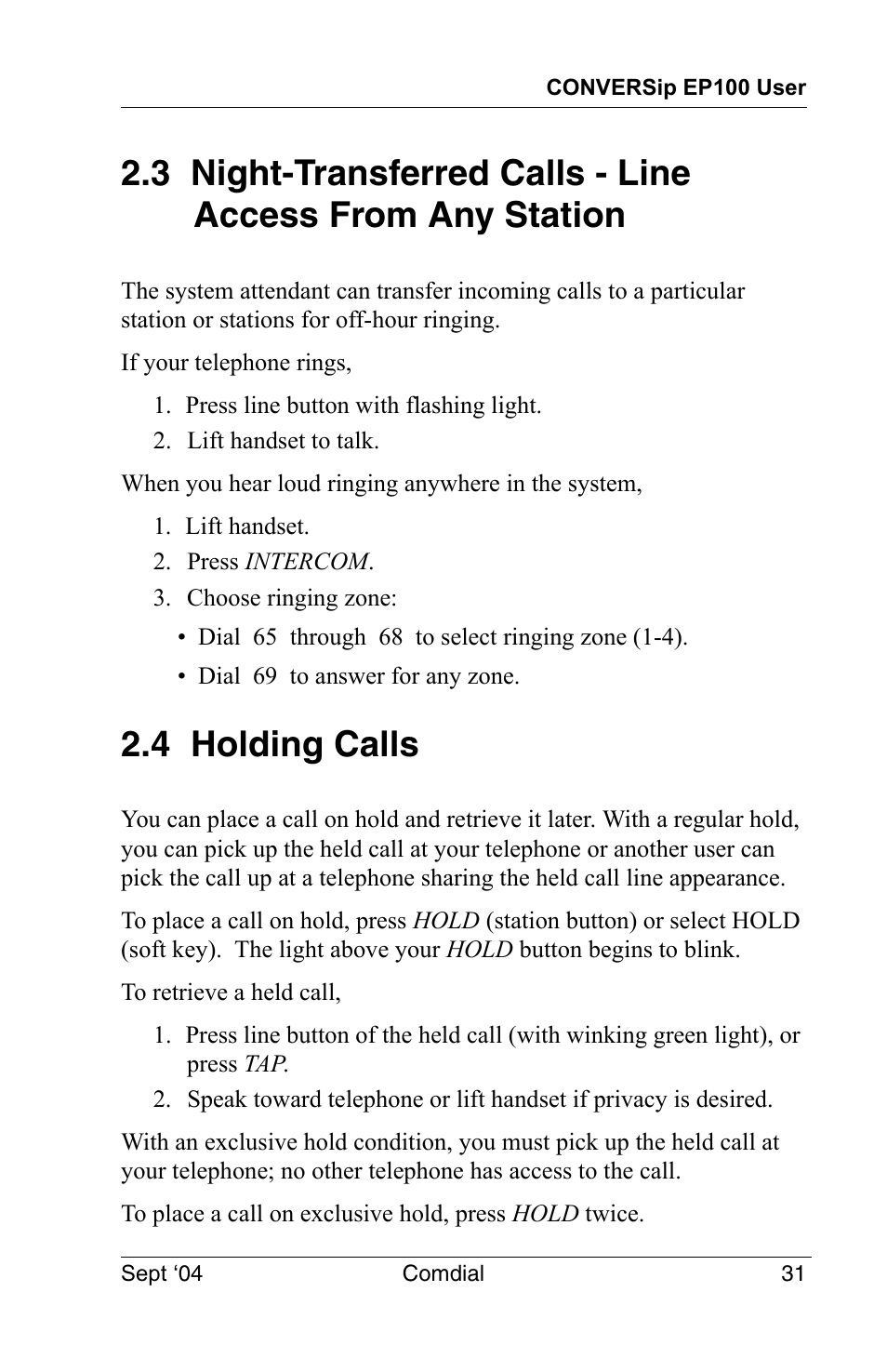 4 holding calls, 3 night-transferred calls - line access from any, Station | Vertical Communications EP100 User Manual | Page 29 / 132