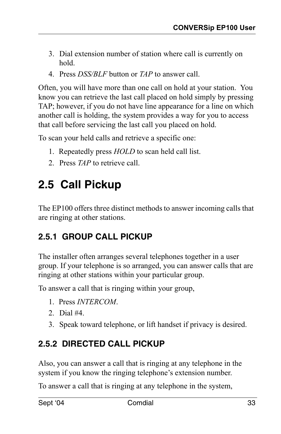 5 call pickup, 1 group call pickup, 2 directed call pickup | 1 group call pickup 2.5.2 directed call pickup | Vertical Communications EP100 User Manual | Page 31 / 132