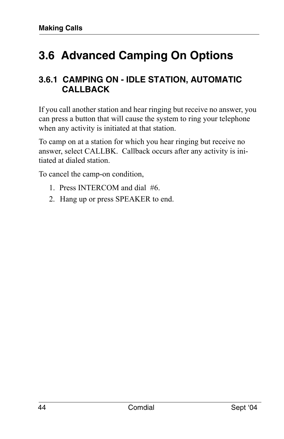 6 advanced camping on options, 1 camping on - idle station, automatic callback | Vertical Communications EP100 User Manual | Page 42 / 132