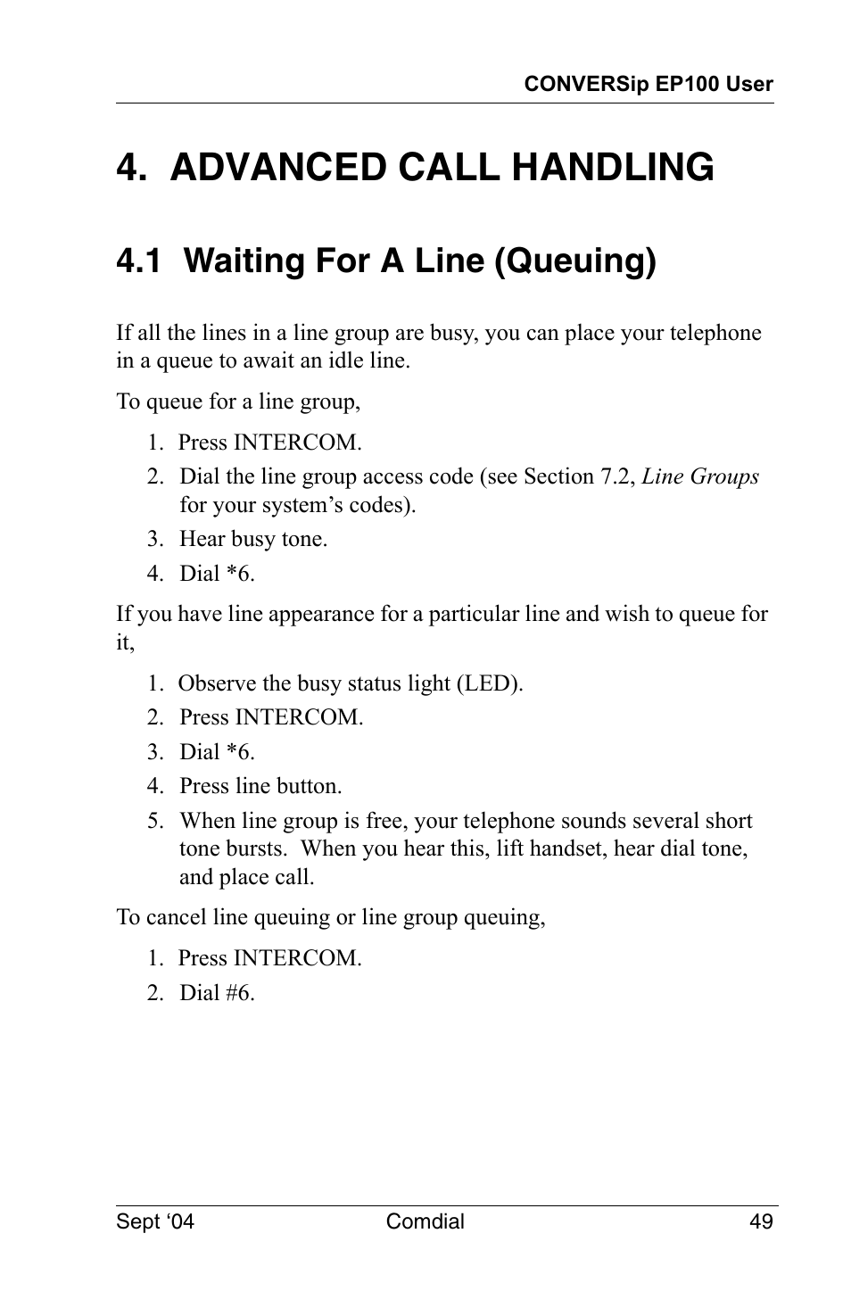 Advanced call handling, 1 waiting for a line (queuing) | Vertical Communications EP100 User Manual | Page 47 / 132