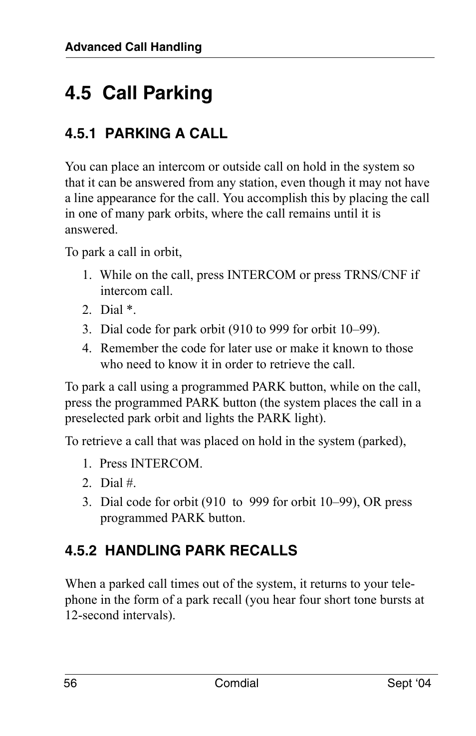 5 call parking, 1 parking a call, 2 handling park recalls | 1 parking a call 4.5.2 handling park recalls | Vertical Communications EP100 User Manual | Page 54 / 132