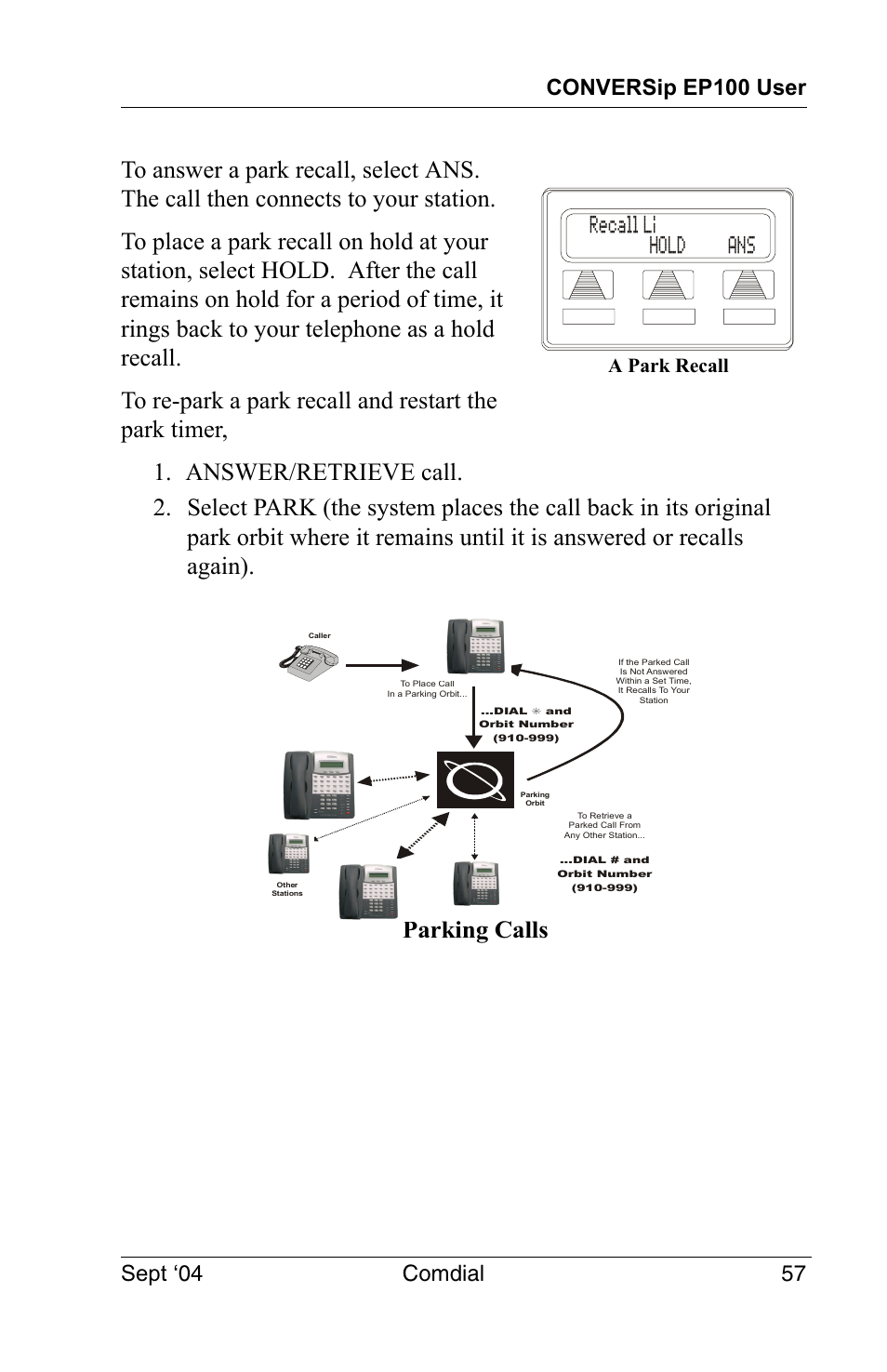 Parking calls, Recall li hold ans a park recall | Vertical Communications EP100 User Manual | Page 55 / 132