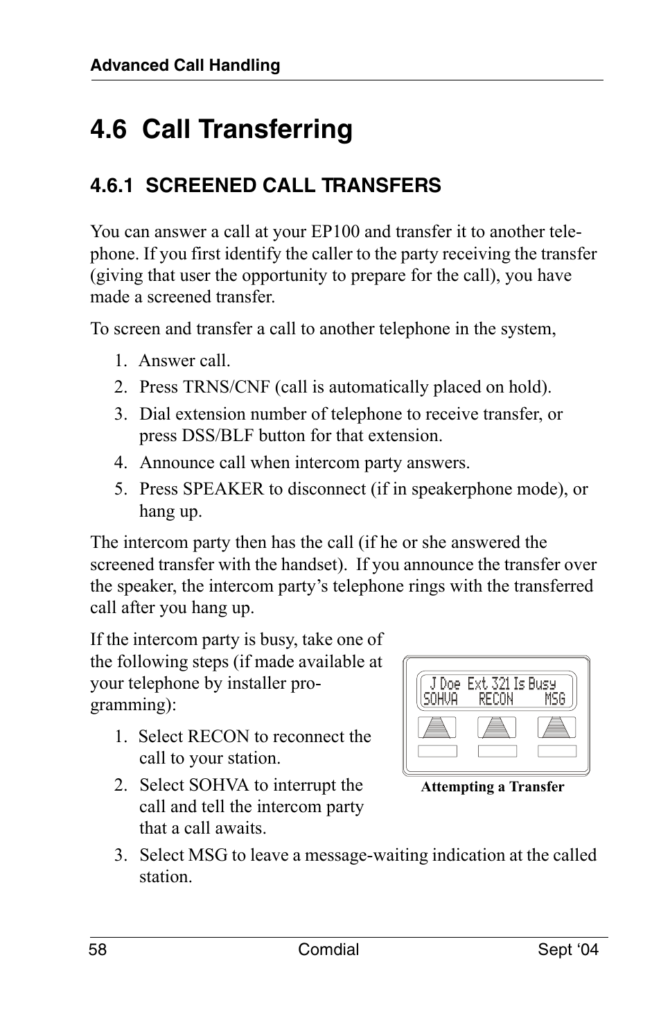 6 call transferring, 1 screened call transfers | Vertical Communications EP100 User Manual | Page 56 / 132
