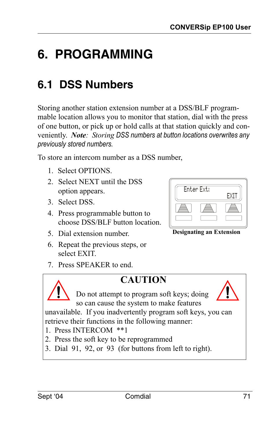 Programming, 1 dss numbers, Caution | Vertical Communications EP100 User Manual | Page 69 / 132