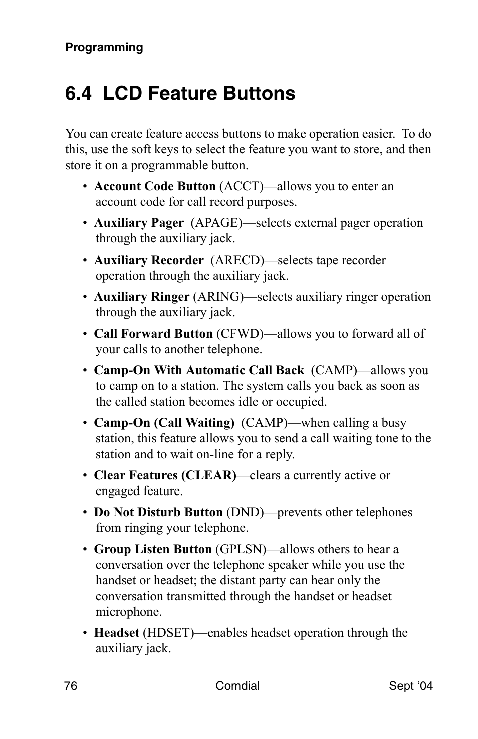 4 lcd feature buttons | Vertical Communications EP100 User Manual | Page 74 / 132