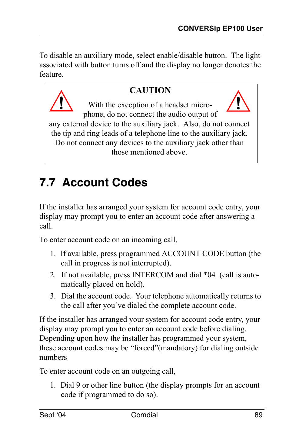 7 account codes | Vertical Communications EP100 User Manual | Page 87 / 132