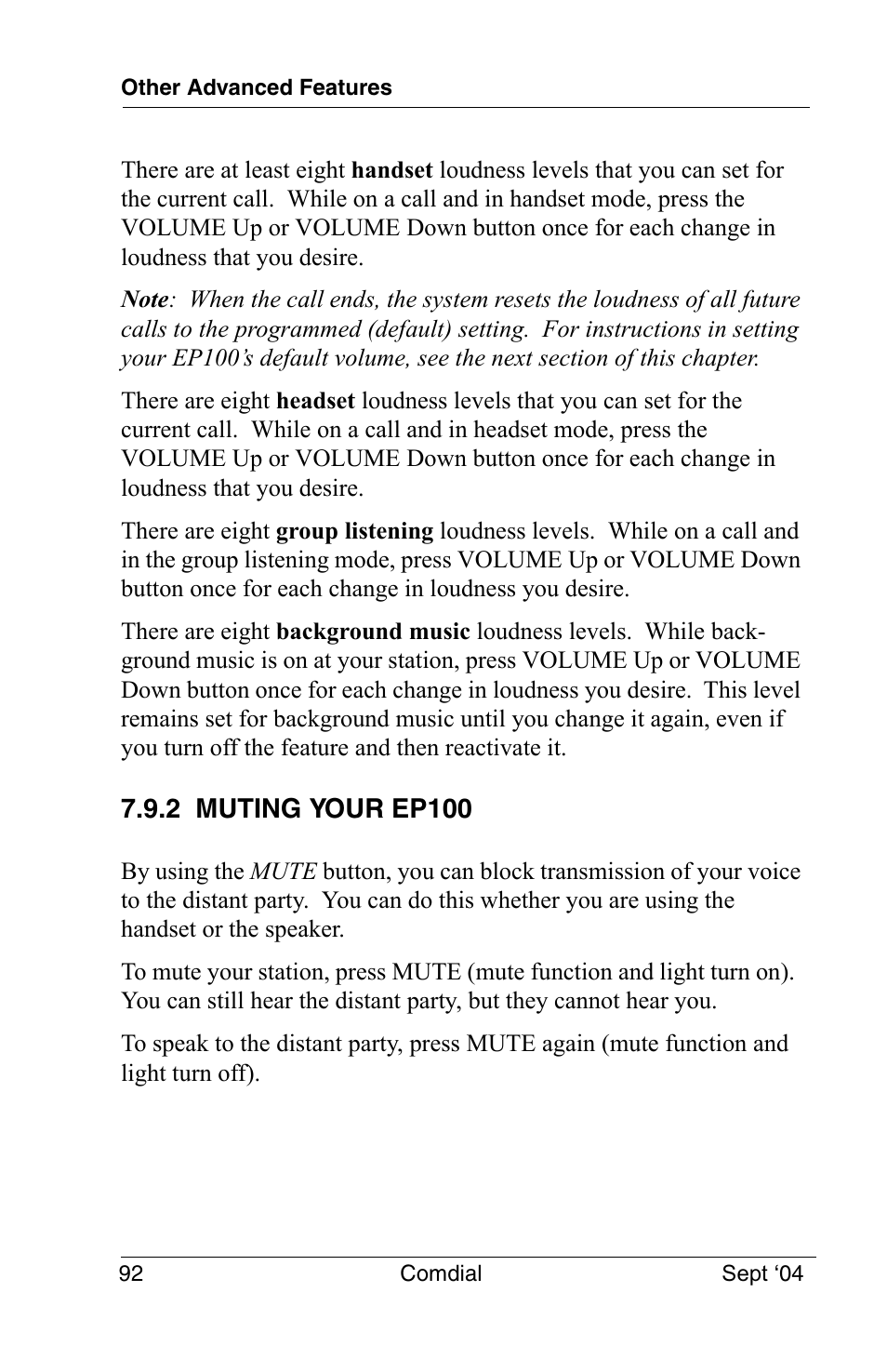 2 muting your ep100 | Vertical Communications EP100 User Manual | Page 90 / 132