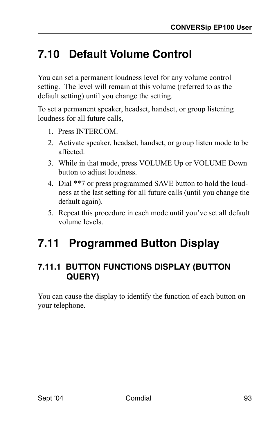 10 default volume control, 11 programmed button display, 1 button functions display (button query) | 1 button functions display (button, Query) | Vertical Communications EP100 User Manual | Page 91 / 132