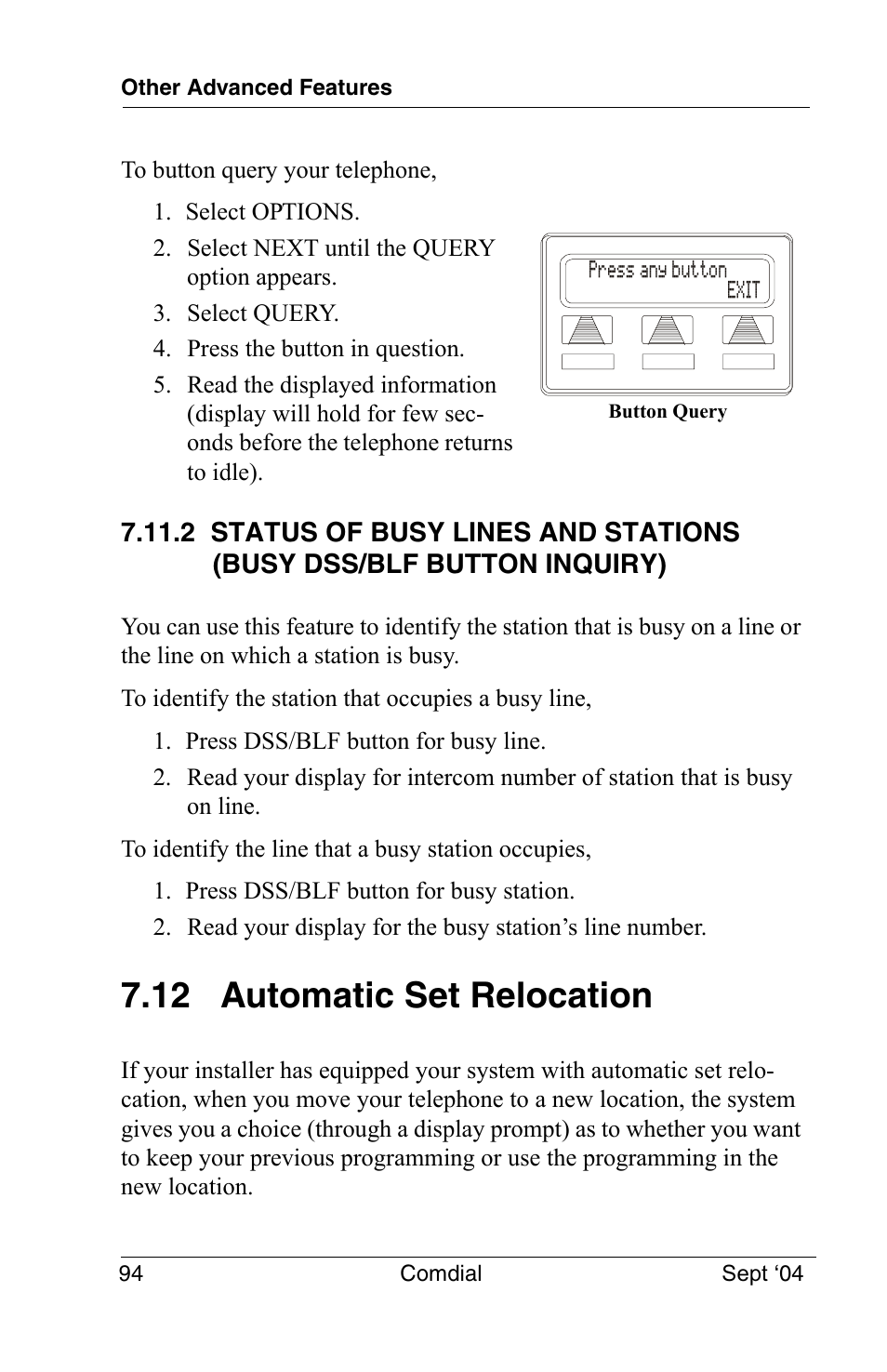 12 automatic set relocation, 2 status of busy lines and stations, Busy dss/blf button inquiry) | Vertical Communications EP100 User Manual | Page 92 / 132