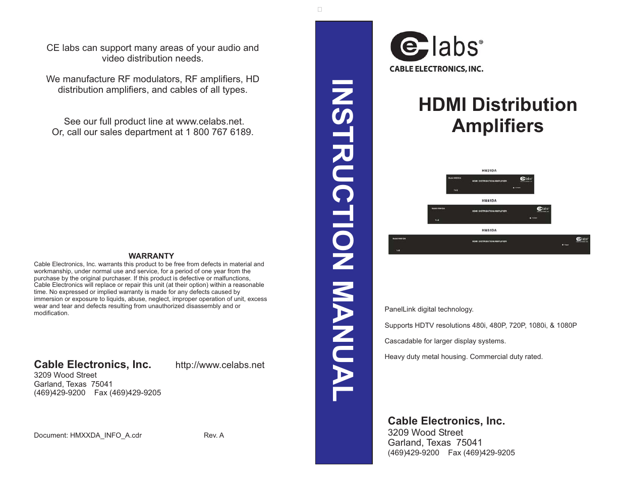 Cable Electronics HM21DA User Manual | 2 pages