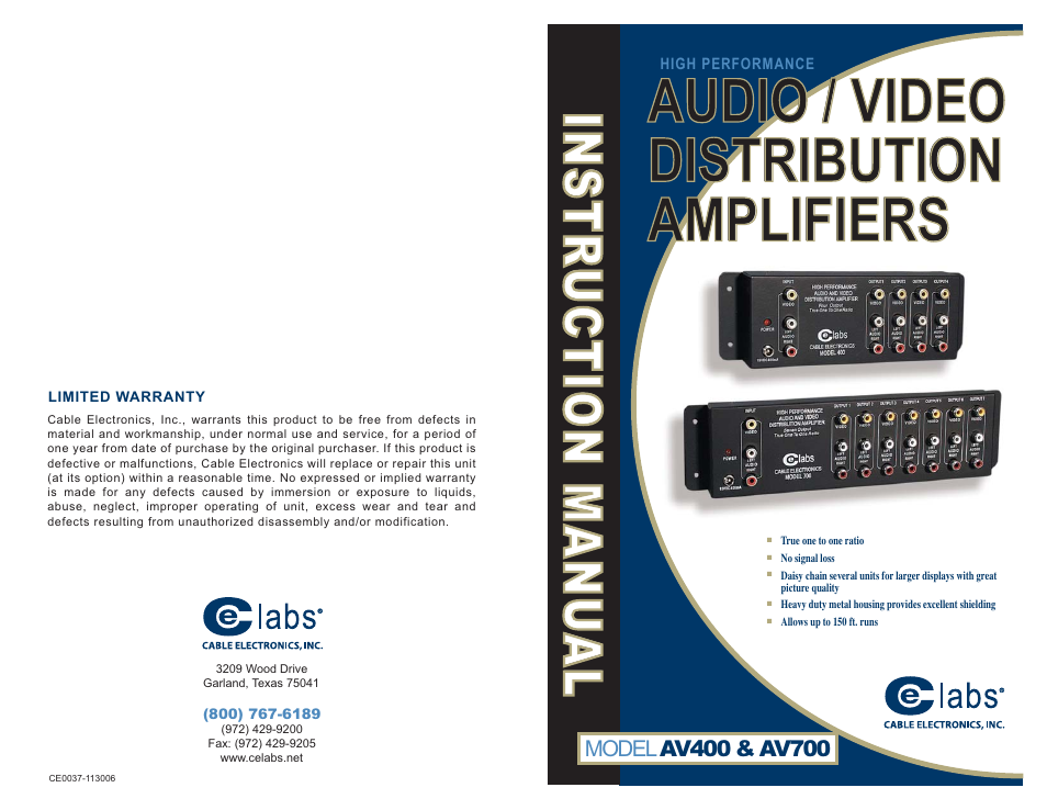Cable Electronics e labs AV400 User Manual | 2 pages