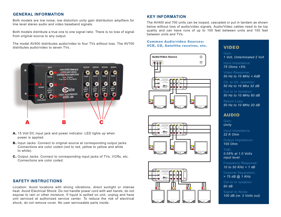 Ab c, Video, Audio | Cable electronics, inc, General information, Safety instructions, Key information | Cable Electronics e labs AV400 User Manual | Page 2 / 2