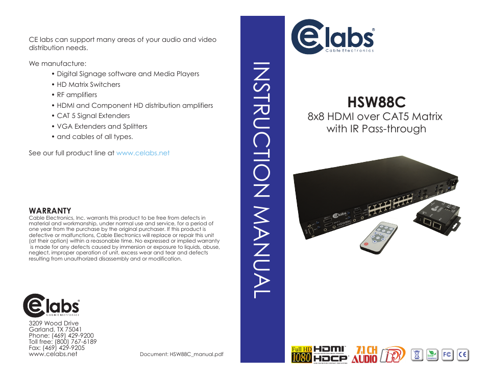 Cable Electronics CELABS HSW88C User Manual | 10 pages