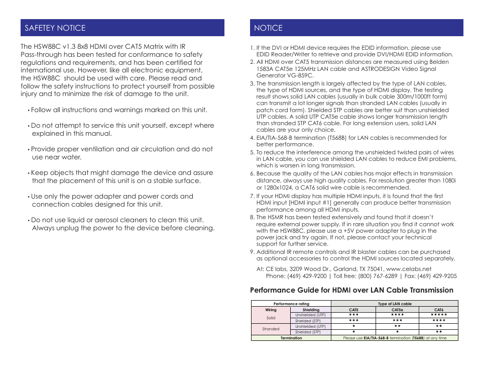 Hsw88c_b, Safetey notice, Notice | Cable Electronics CELABS HSW88C User Manual | Page 2 / 10