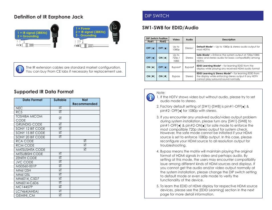 Hsw88c_i, Sw1-sw8 for edid/audio, Dip switch | Cable Electronics CELABS HSW88C User Manual | Page 9 / 10