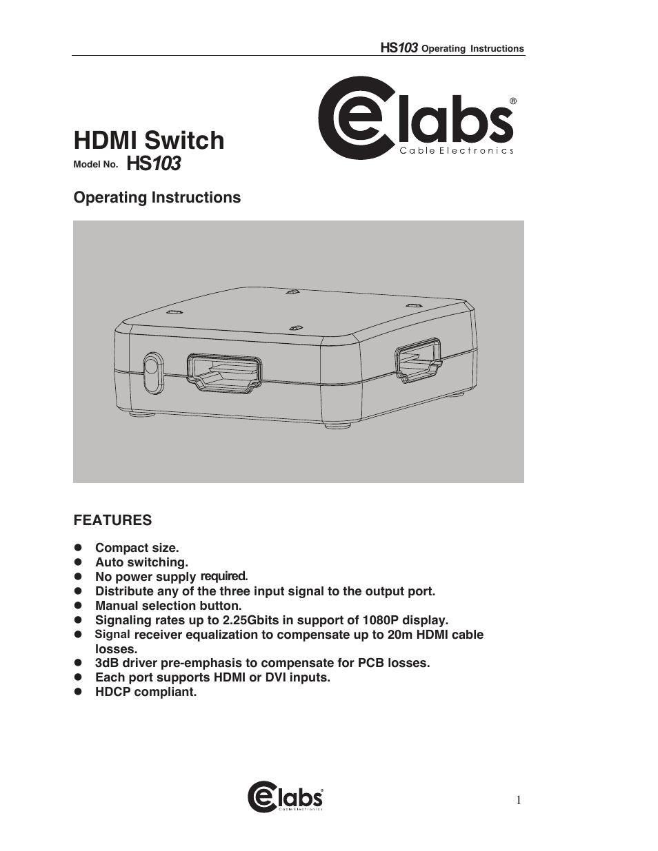 Cable Electronics e labs HS103 User Manual | 7 pages