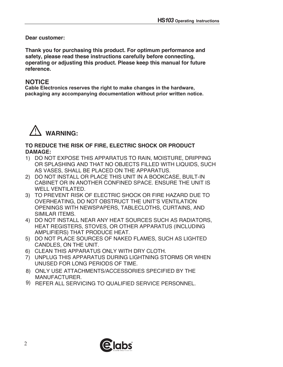 Notice, Warning | Cable Electronics e labs HS103 User Manual | Page 2 / 7