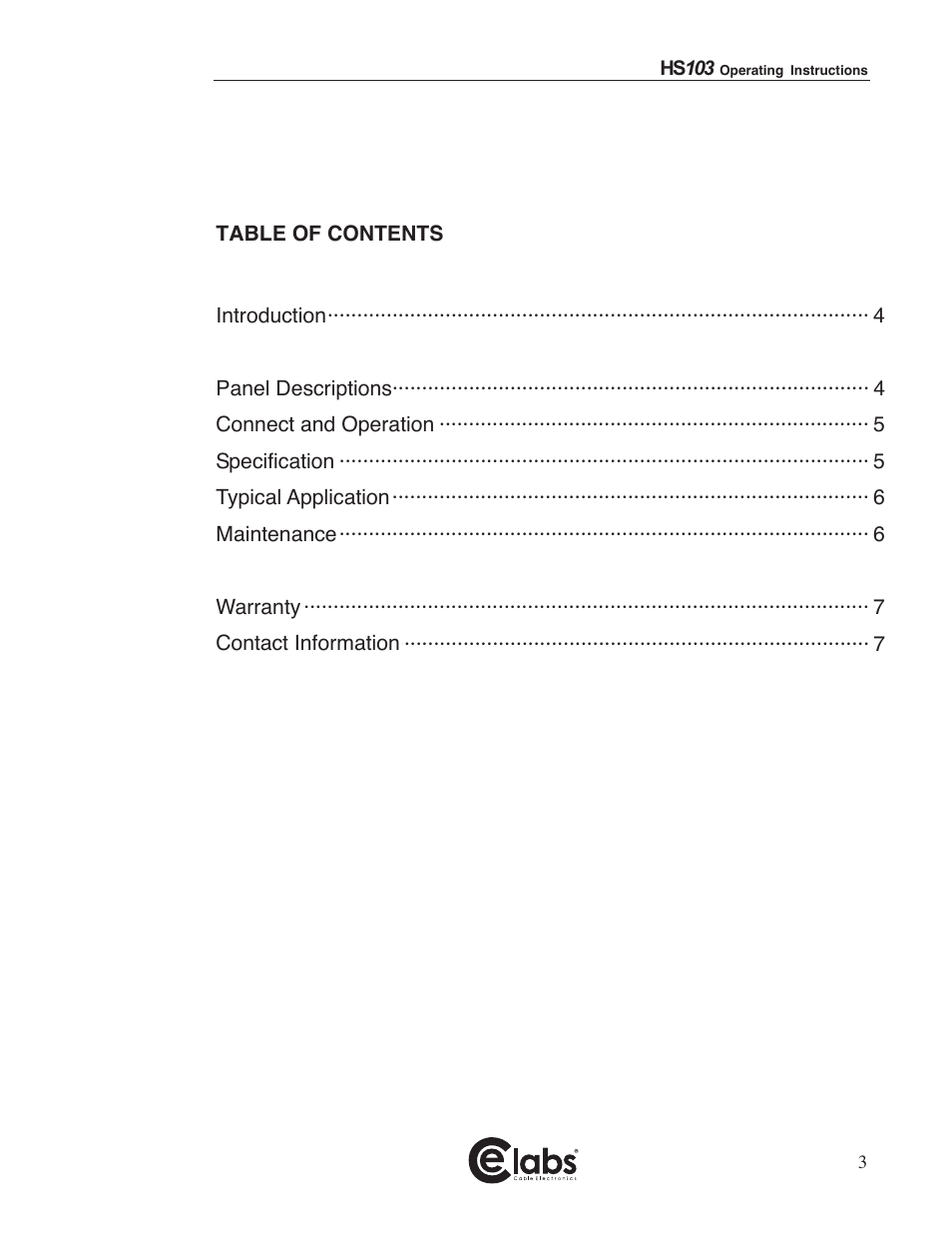 Hs 103 | Cable Electronics e labs HS103 User Manual | Page 3 / 7