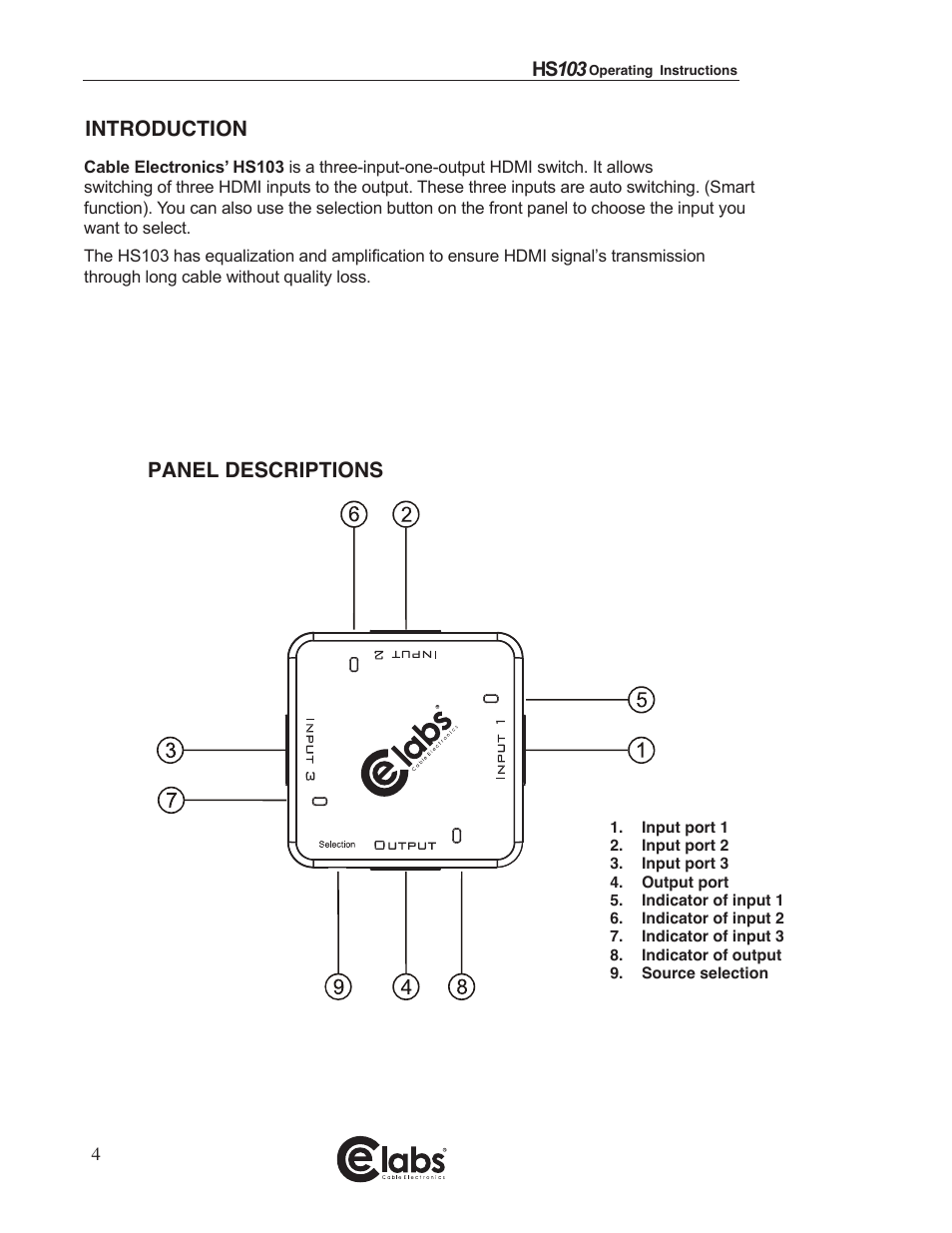 Introduction, Package contents, Panel descriptions | Connect and operation, Specifications | Cable Electronics e labs HS103 User Manual | Page 4 / 7