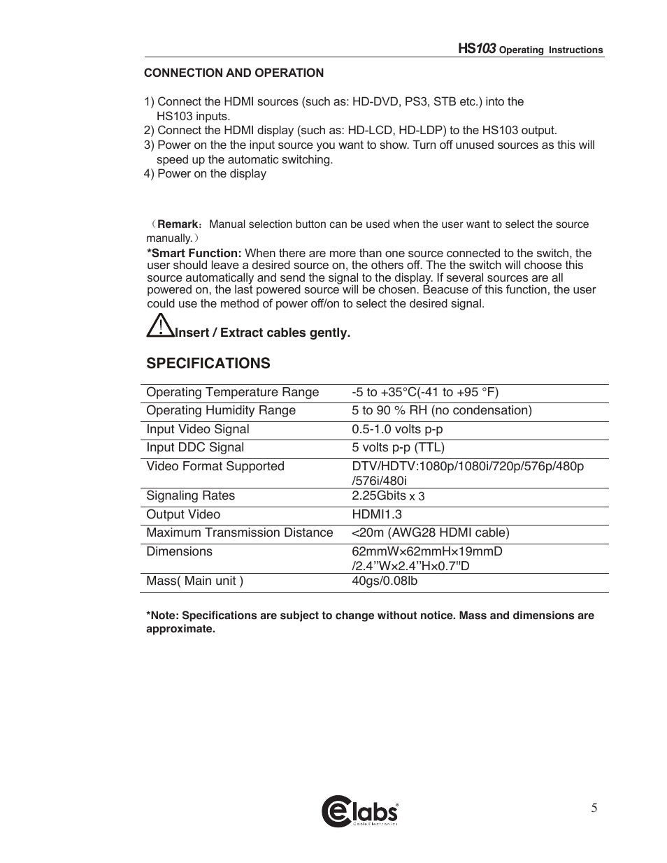 Connect and operation, Specifications | Cable Electronics e labs HS103 User Manual | Page 5 / 7