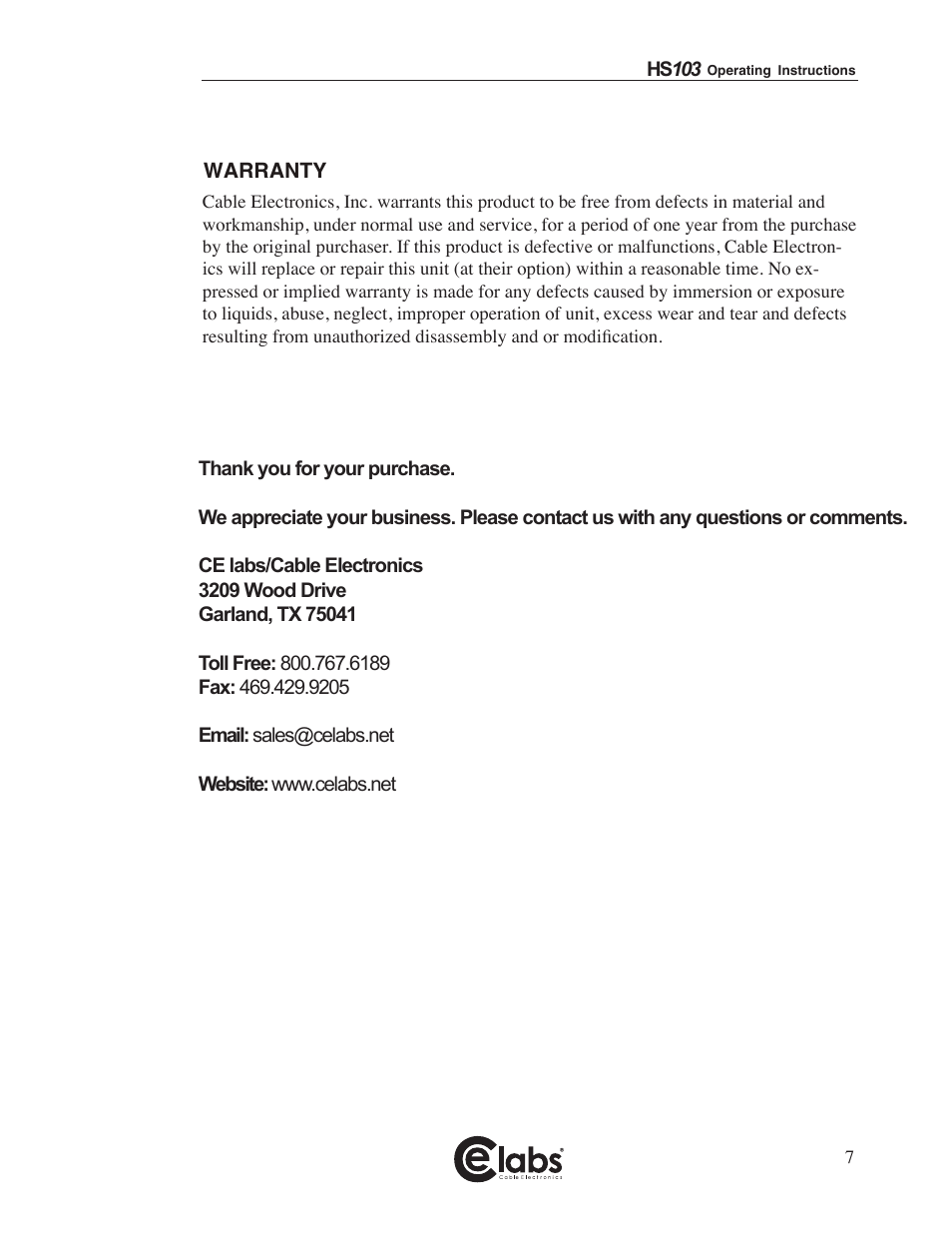 Cable Electronics e labs HS103 User Manual | Page 7 / 7