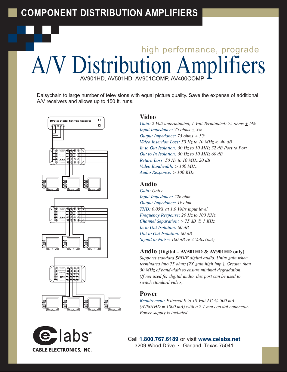 A/v distribution amplifiers, Component distribution amplifiers, High performance, prograde | Video, Audio, Power | Cable Electronics e labs AV901HD User Manual | Page 2 / 2