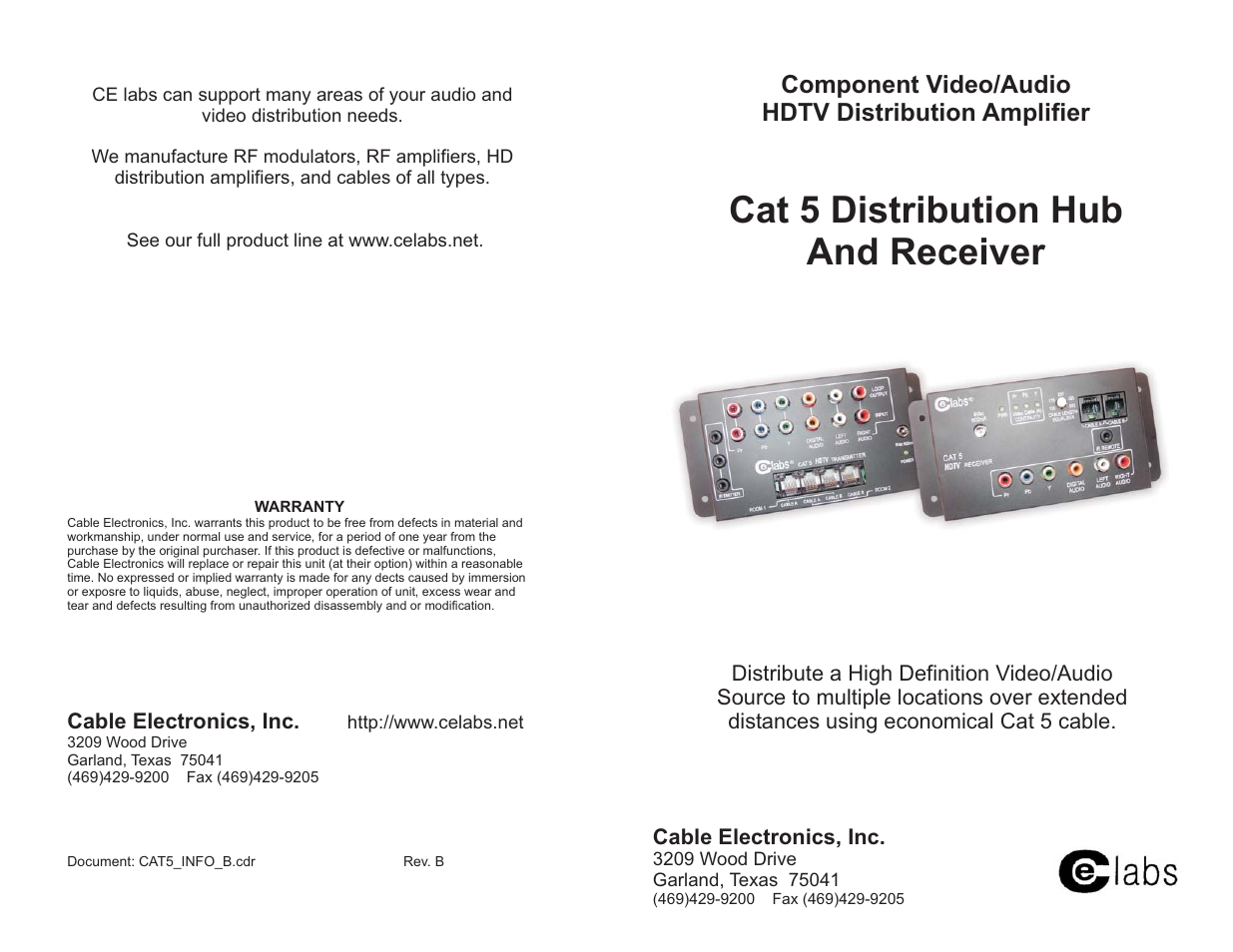 Cable Electronics Celabs Distribution Hub and Receiver User Manual | 2 pages