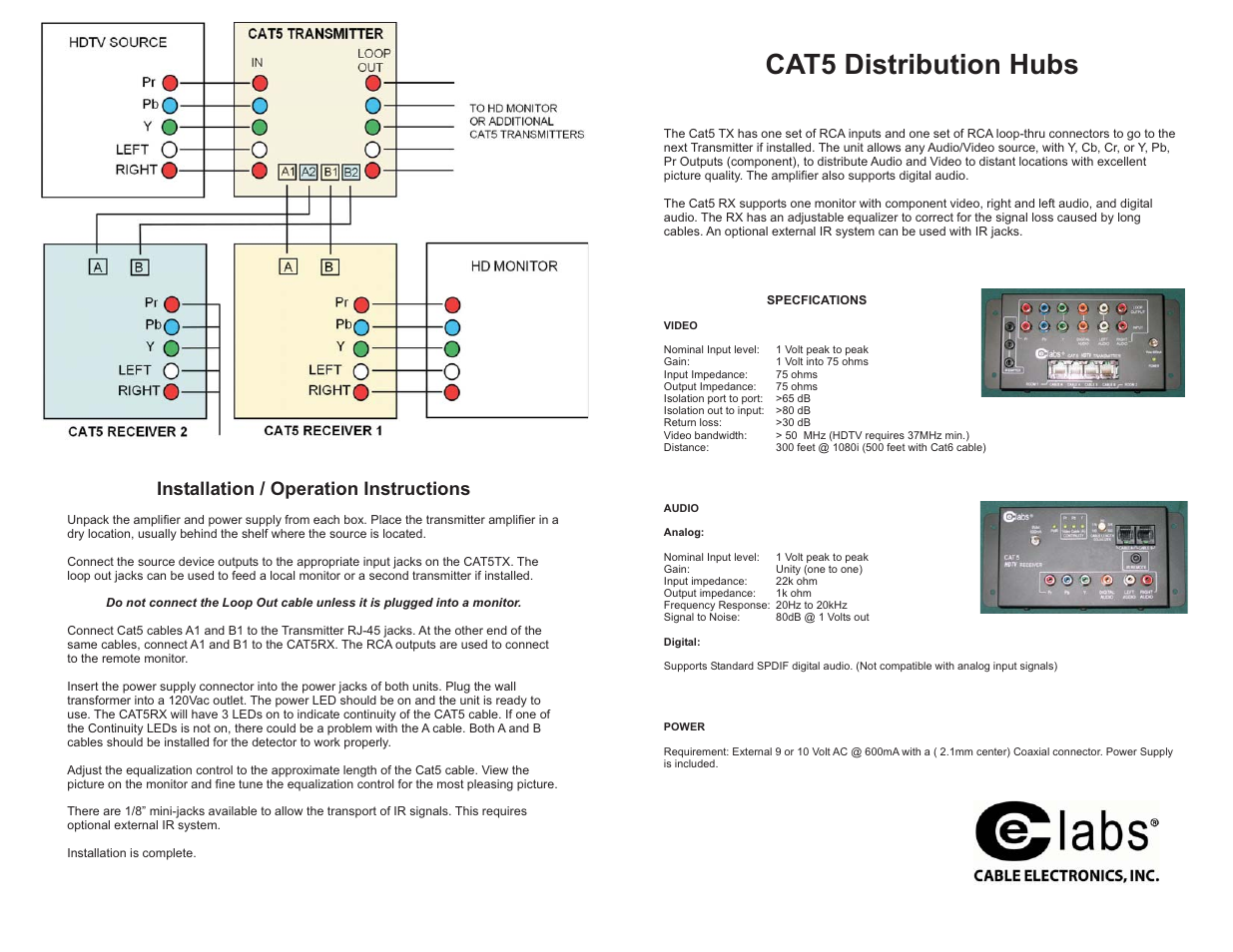 Cat5 distribution hubs, Installation / operation instructions | Cable Electronics Celabs Distribution Hub and Receiver User Manual | Page 2 / 2