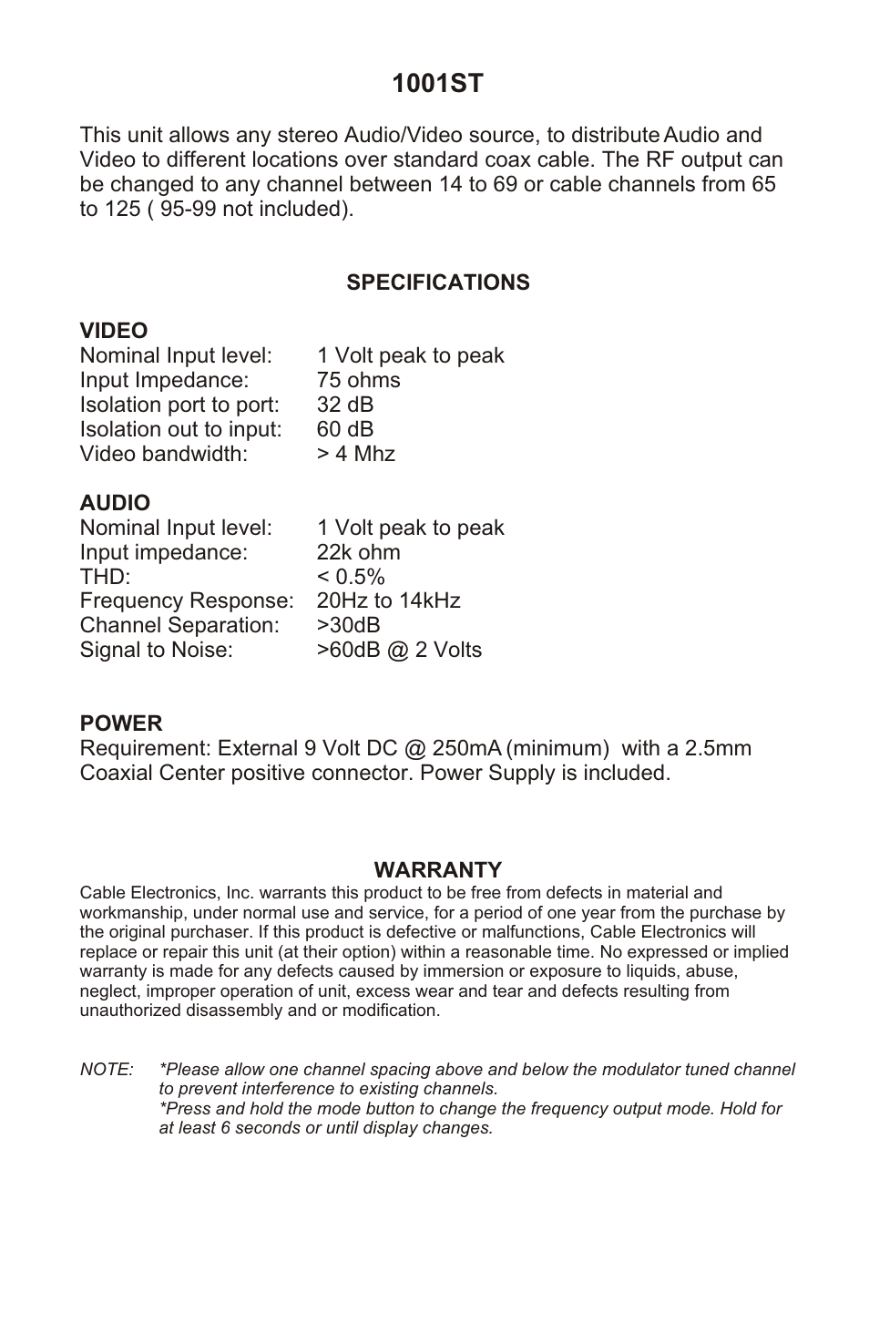 1001st | Cable Electronics 1001ST User Manual | Page 3 / 4