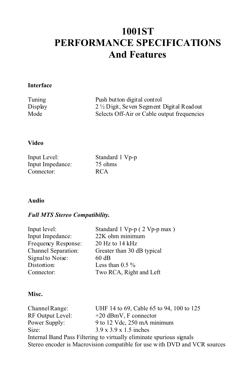 1001st performance specifications and features | Cable Electronics 1001ST User Manual | Page 4 / 4