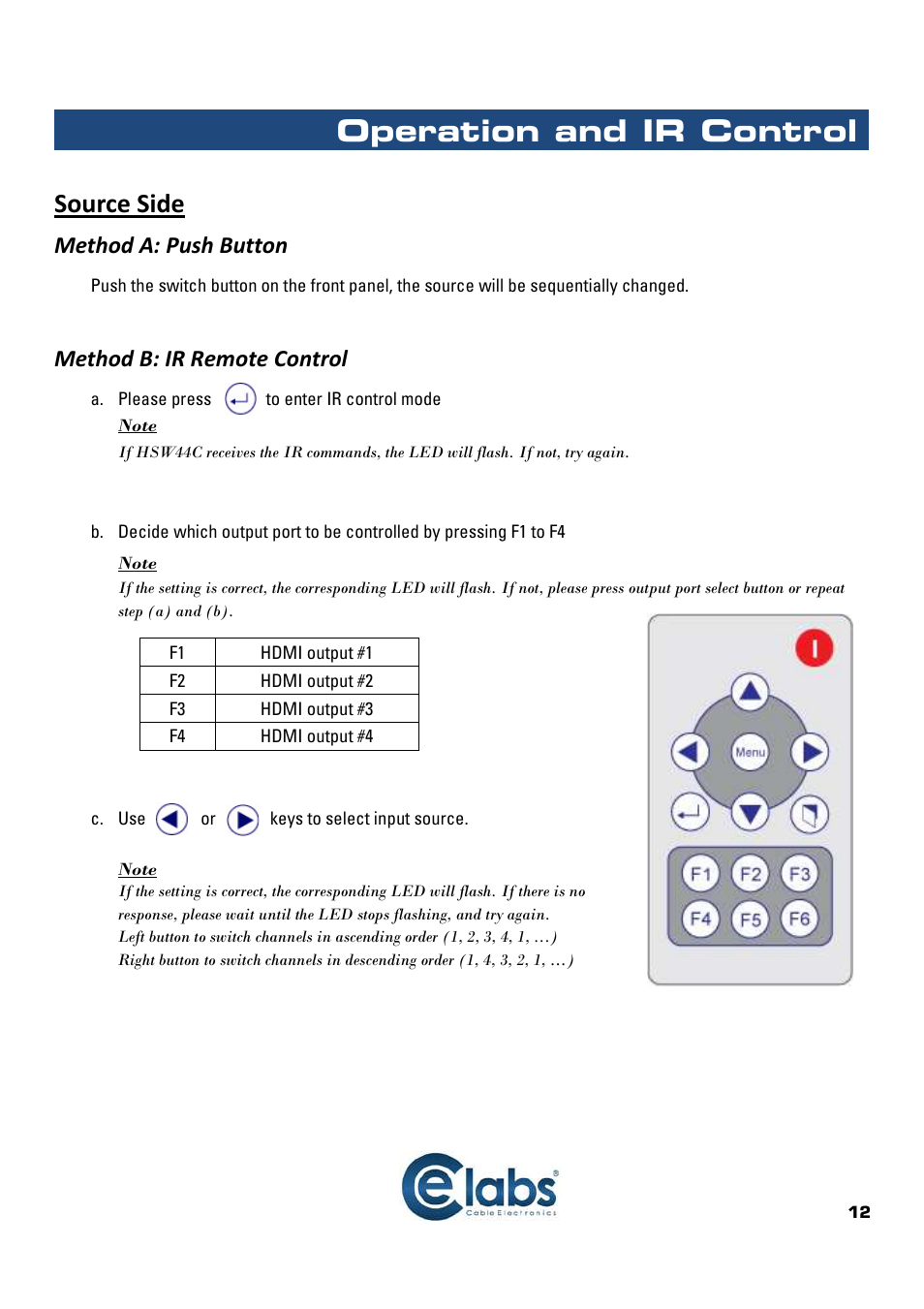 Operation and ir control, Source side, Method a: push button | Method b: ir remote control | Cable Electronics HSW44C User Manual | Page 13 / 21