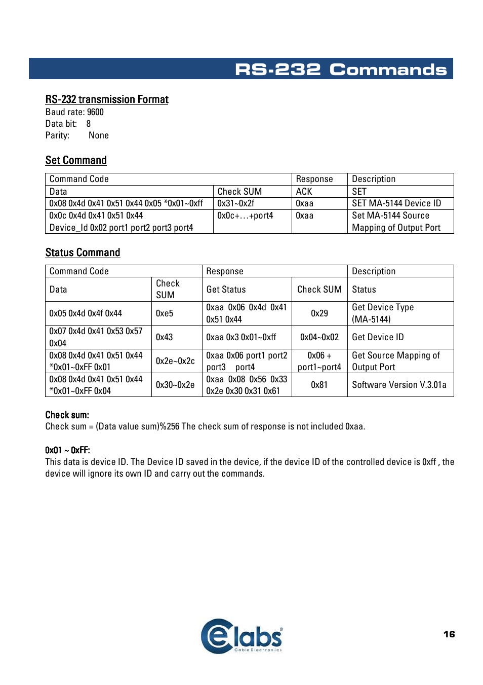 Rs-232 commands | Cable Electronics HSW44C User Manual | Page 17 / 21